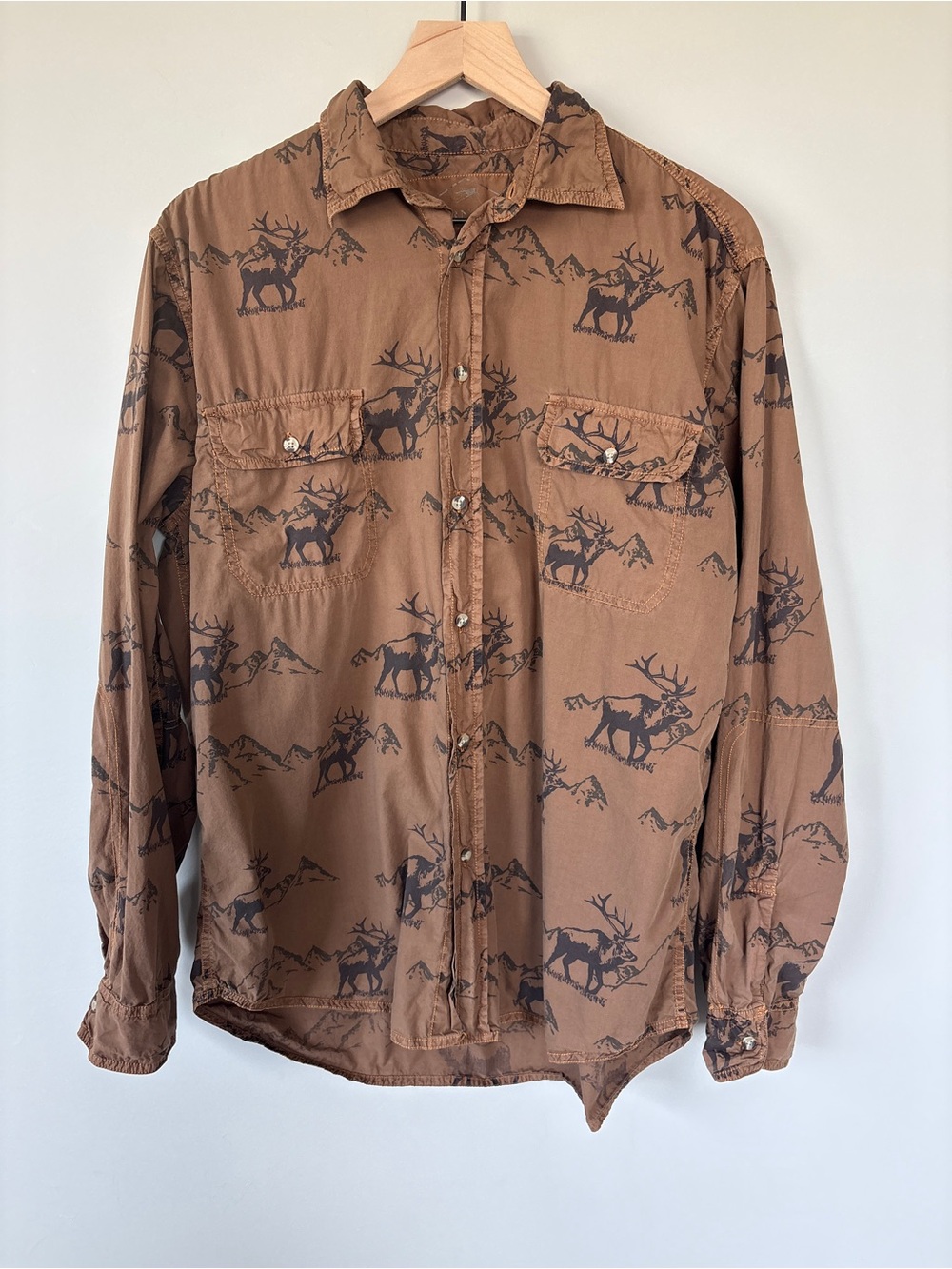 BARNFLY TRADING Elk Mountains Print Button-Down Cotton Shirt Western Workwear L